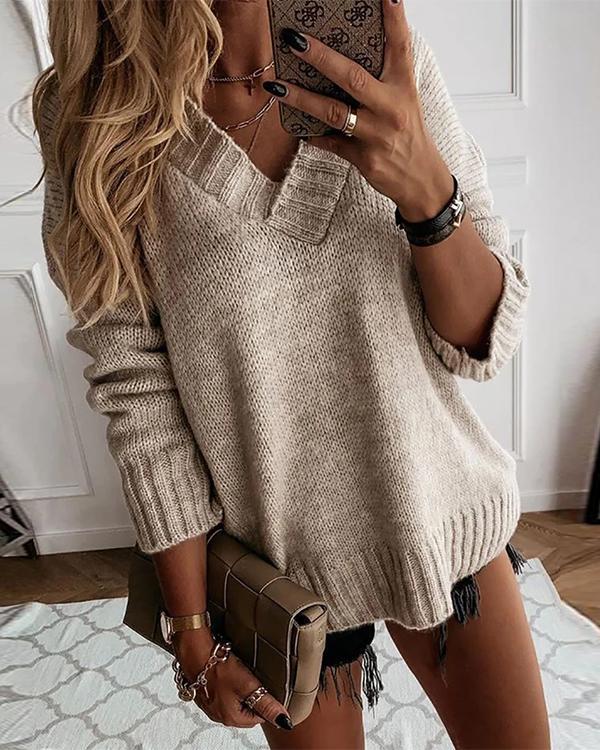 Solid V-Neck Casual Sweaters