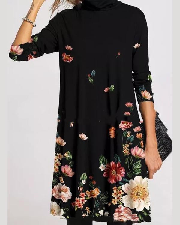 Casual Character/Flower Print Tunic Turtleneck A-line Dress