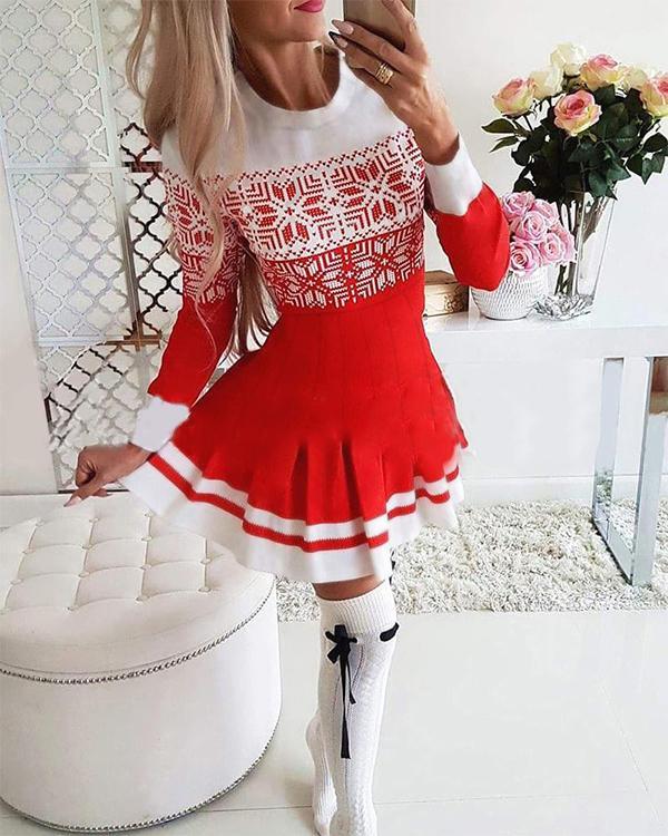 Christmas Snowflake Print Long Sleeve Pleated Dress