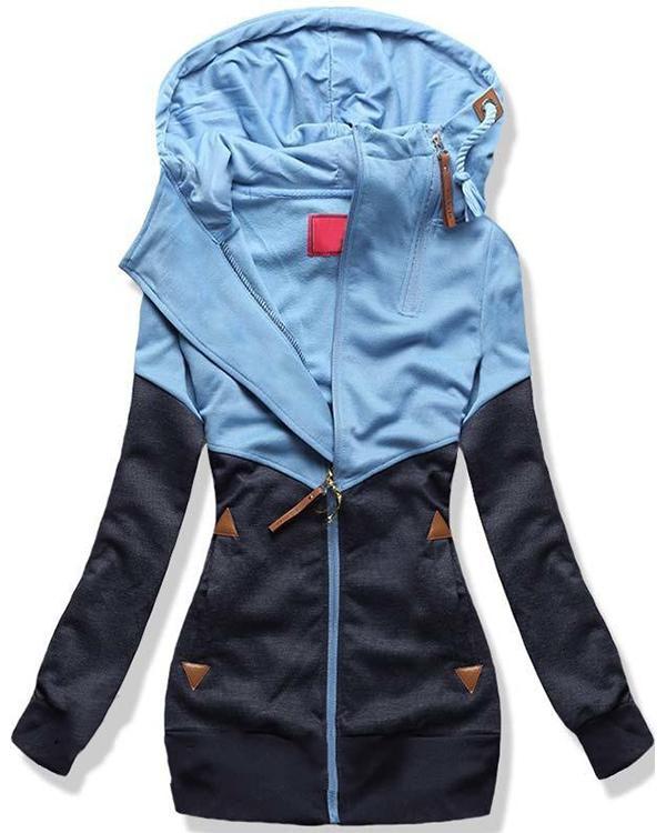 Casual Color Block Zip Hooded Jacket