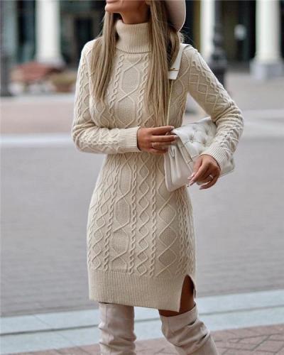 Elegant Solid Spiral Ribbed Tweed Turtleneck Slit Knitted Sweater Dress
