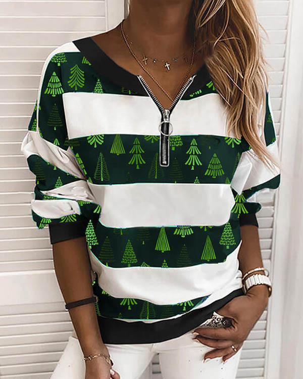 Fashion Christmas Stripe Zipper Neck Sweatshirt