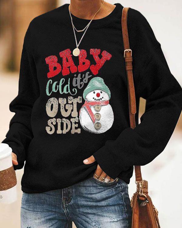 Baby Cold It's Out Side Letter Snowman Printed Cartoon Christmas T-shirt