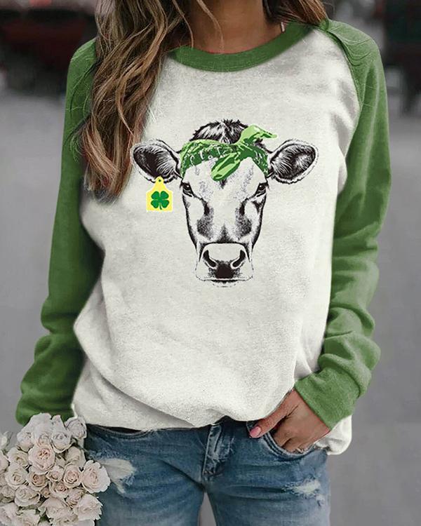 4 Leaf Clover Cow Contrast Color Pullover