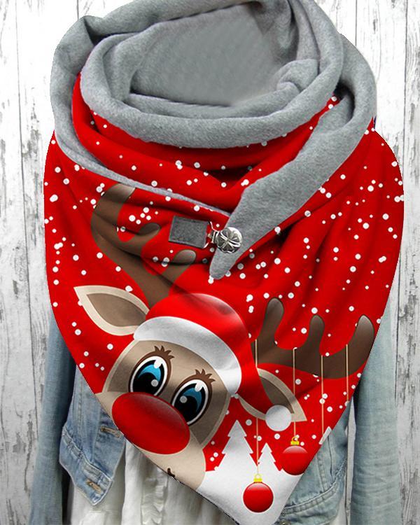 Women Shawl Casual Christmas Cartoon Print Scarves with Button