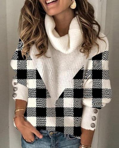 Color Block Grid Turtleneck Casual Sweaters