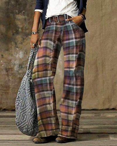 Vintage Color Block Plaid Print Pocket Woman Pant Bottom