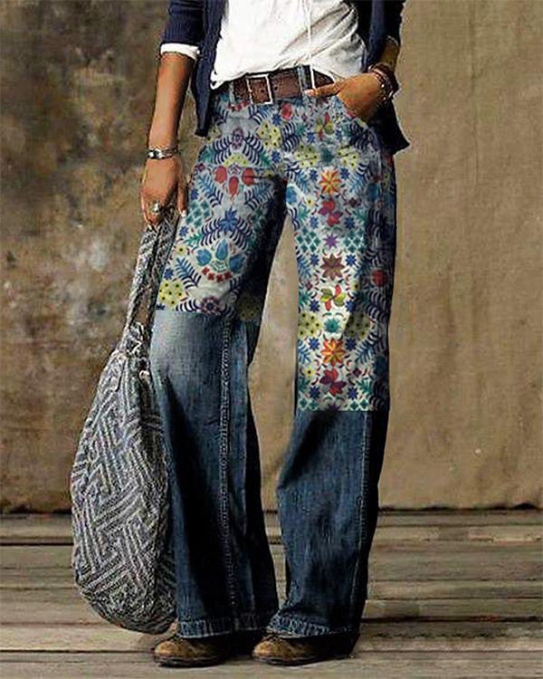 Vintage Color Block Plaid Print Pocket Woman Pant Bottom