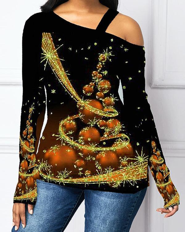 Casual One Shoulder Christmas Tree Print Long Sleeves T-shirt