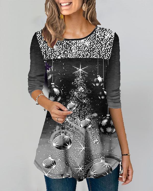 Christmas Digital Print Long Sleeves A-line T-shirt