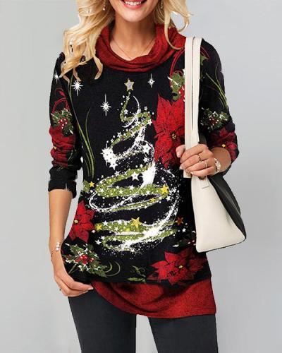 Casual Cowl Neck Christmas Long Sleeve Star Print Tunic Top
