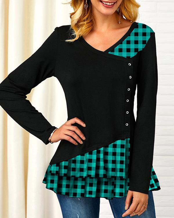 Casual V Neck Plaid Patchwork Ruffle Long Sleeves T-shirt