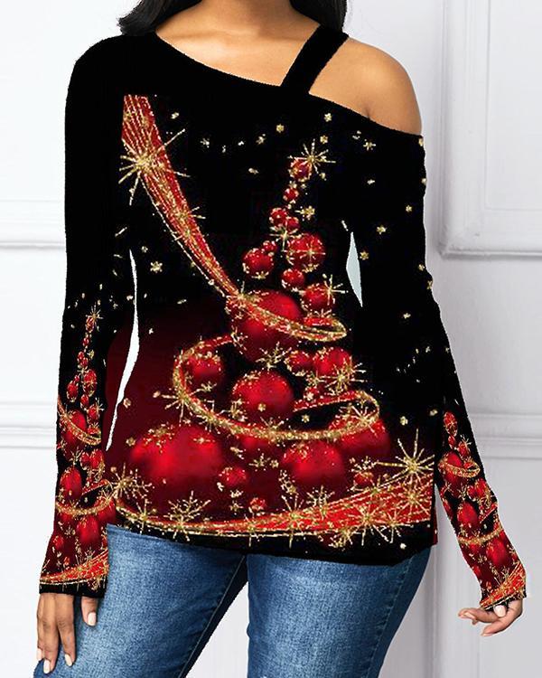 Casual One Shoulder Christmas Tree Print Long Sleeves T-shirt