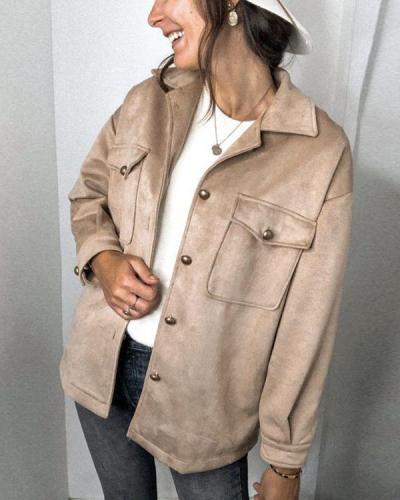 Street Fashion Solid Suede Buttons Down Pockets Lapel Collar Coat