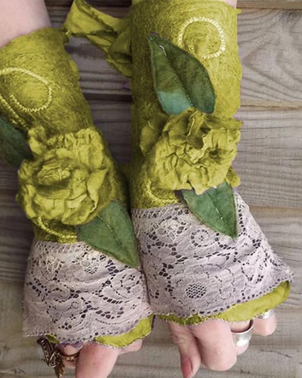 Vintage Holiday Christmas Halloween Floral Leaf Decoration Appliqued Lace Half-finger Gloves