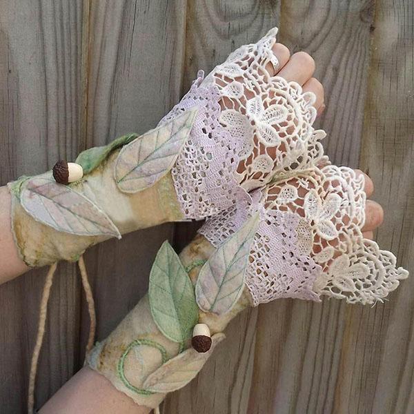Retro Elegant Floral Leaf Appliqued Lace Gradient Fingerless Gloves