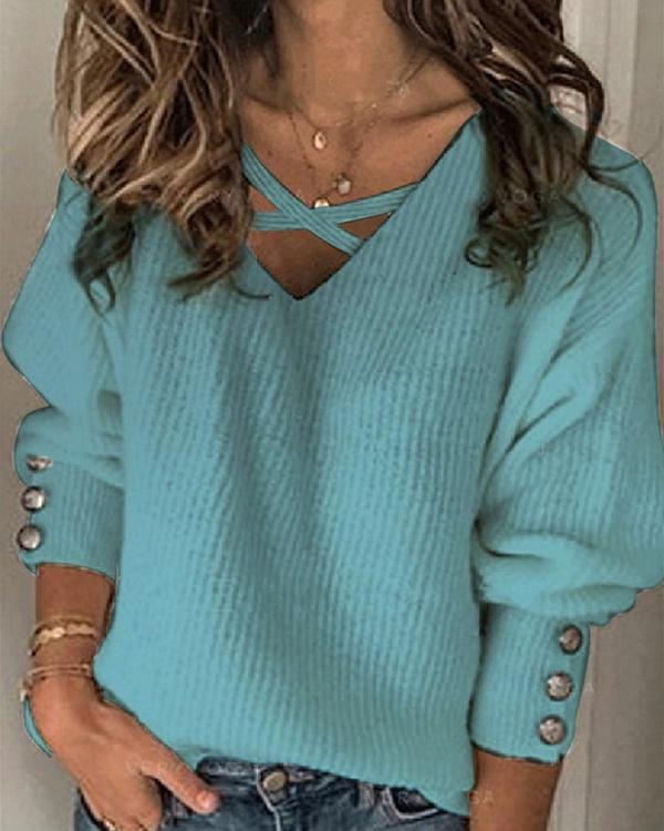 Casual V-neck Solid Color Sweater