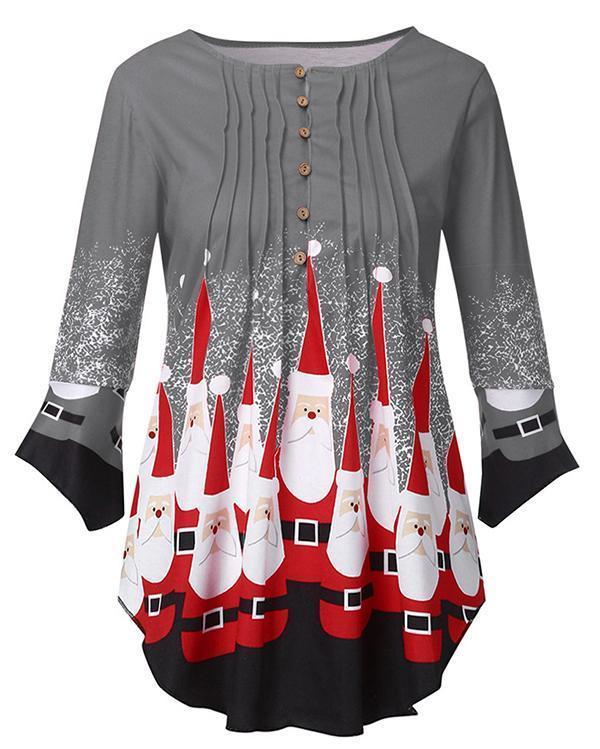 Plus Size Christmas Print Crinkle Chest Blouse
