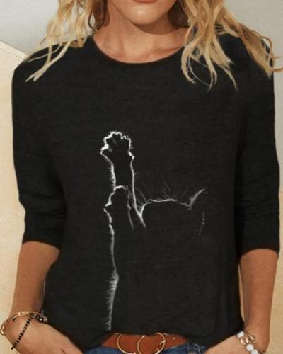 Cat Print Long Sleeves O-neck Casual T-shirt For Women