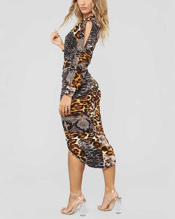 Deep V Leopard Print Long Sleeve Dress