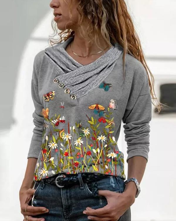 Floral&Butterfly Print V-Neckline Pleated Long Sleeve Blouses
