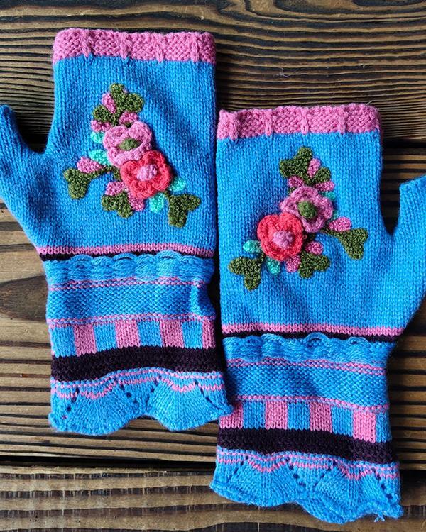 Casual Flower Decor Knitted Gloves Handwarmers