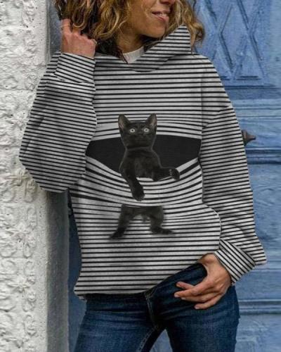 Cat Print Long Sleeve Casual Striped Hoodies For Women