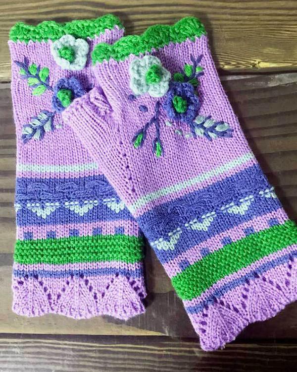 Casual Flower Decor Knitted Gloves Handwarmers