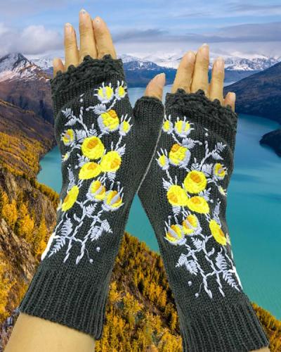 Embroidered Flower Knitted Gloves Handwarmers