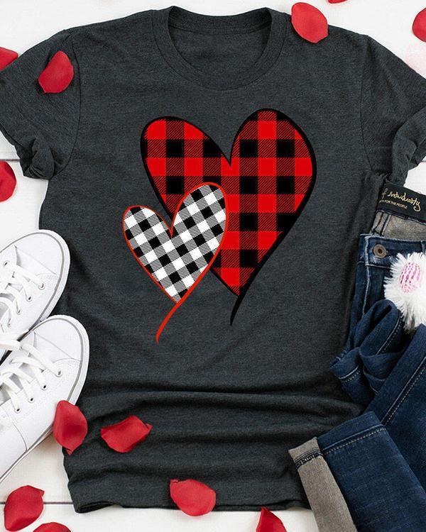 Valentine Plaid Splicing Heart O-Neck T-Shirt Tee