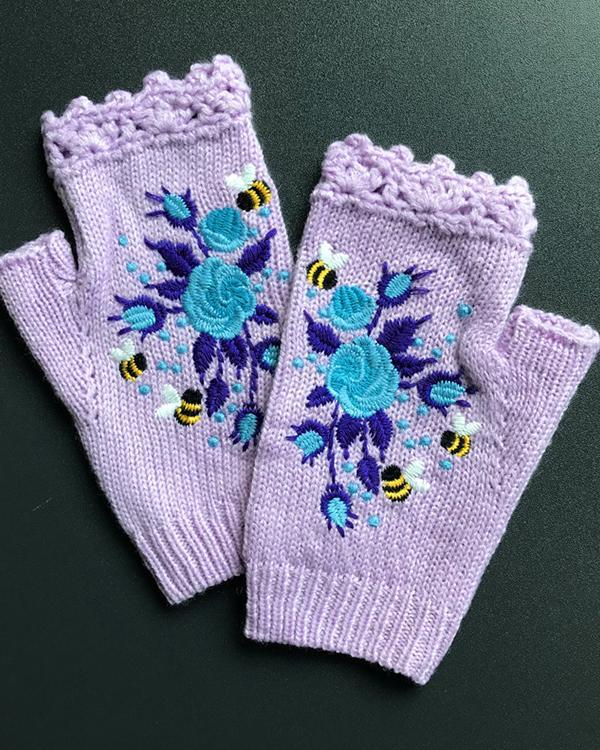 Embroidered Flower Knitted Gloves Handwarmers