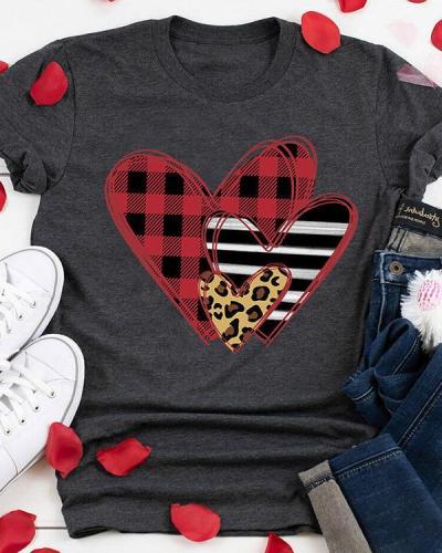 Striped Plaid Leopard Printed Splicing Heart T-Shirt Tee
