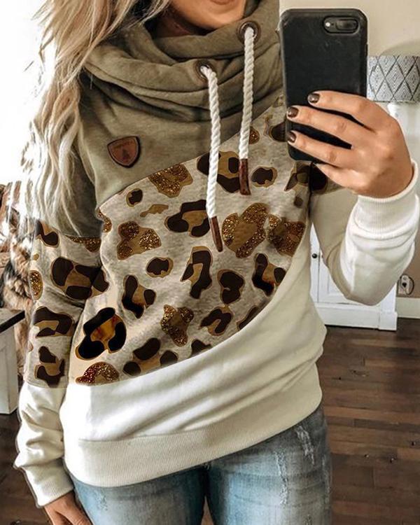 Leopard Printed Long Sleeve Color-Block Hoodie Sweatshirt