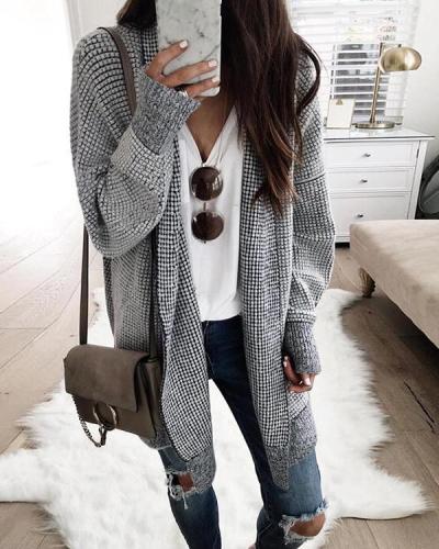 Women Casual Grid Outerwear Cotton Cardigan