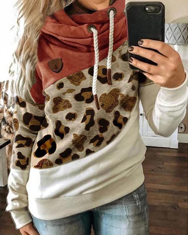 Leopard Printed Long Sleeve Color-Block Hoodie Sweatshirt