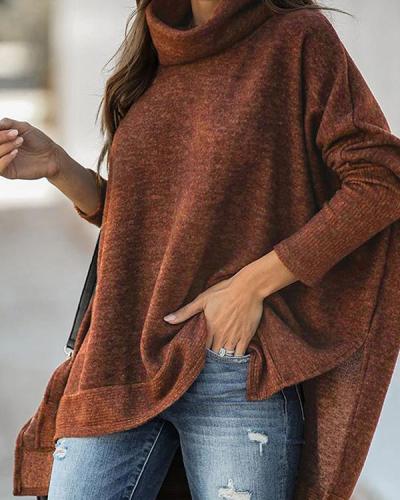 Casual Loose Turtle Neck Side Slit Batwing Sweater