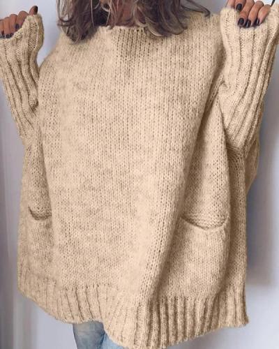 Casual Oversize Loose Fit Round Neck Sweater with Pockets