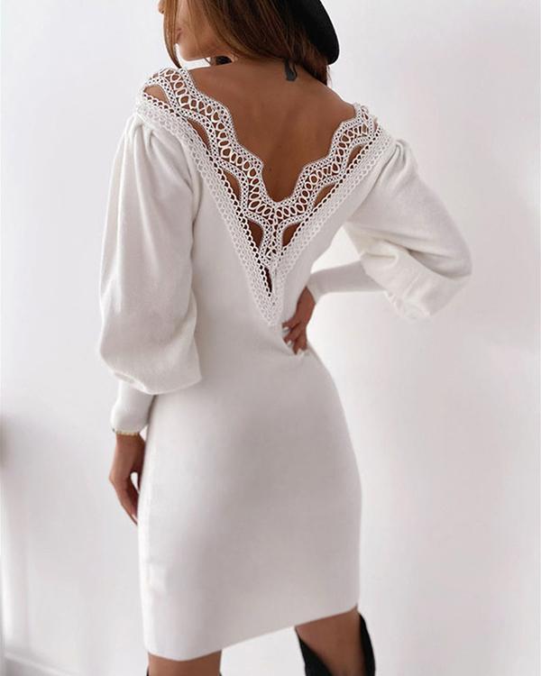 Long Sleeves Lace Patchwork Backless Bodycon Elegant Mini Dress