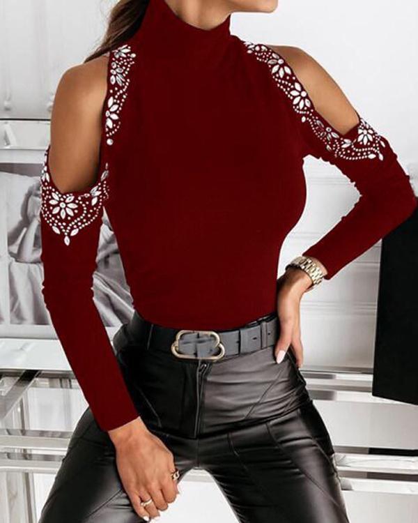 Women High Neck Cold Shoulder Sequin Decor Slim Fit Sweater