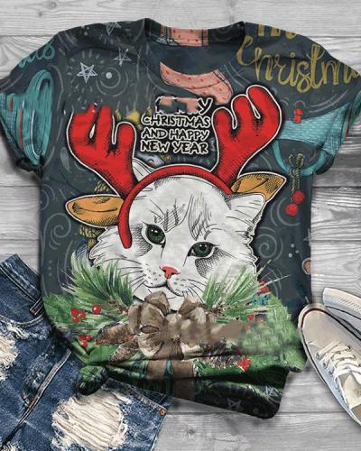 Women Print Casual Christmas Short Sleeve T-shirt