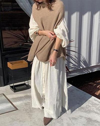 Casual Solid Shirt Shift Dress And Loose Knitted Sweater Set