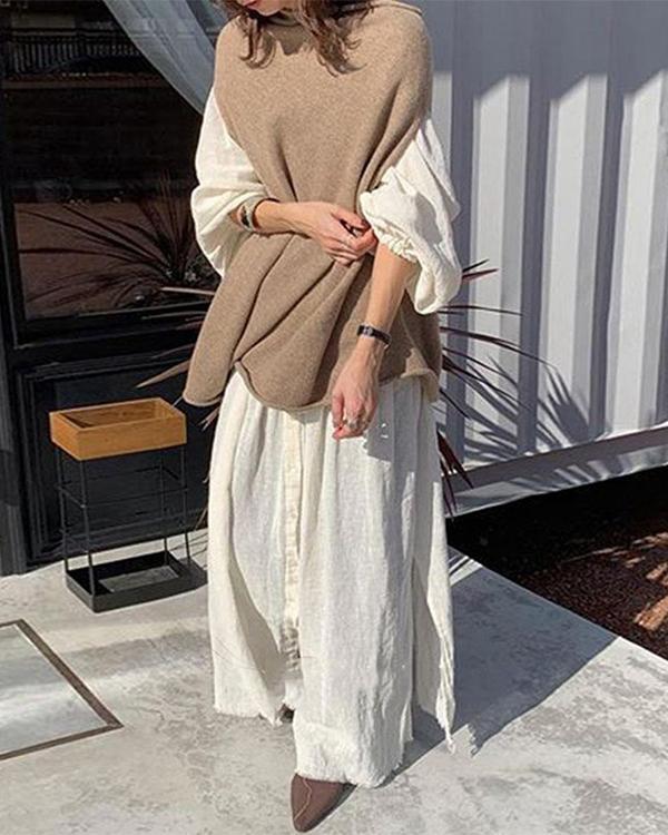 Casual Solid Shirt Shift Dress And Loose Knitted Sweater Set