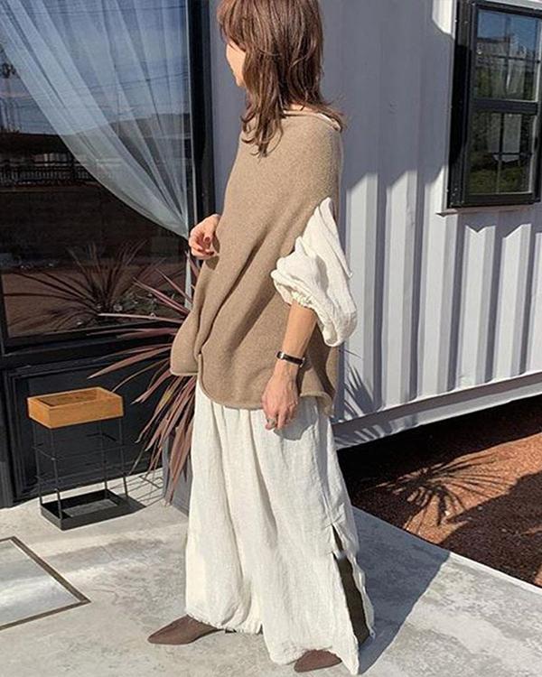 Casual Solid Shirt Shift Dress And Loose Knitted Sweater Set