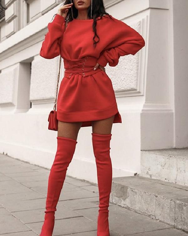 Casual Batwing Tie Waist Fleece Sweatshirt Dress