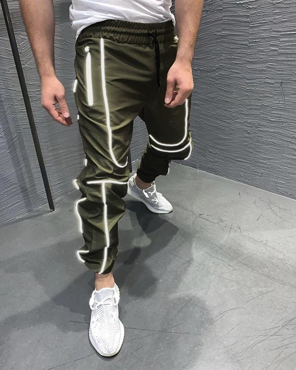 Men's Solid Color Reflective Feet Trendy Fitness Sports Trousers