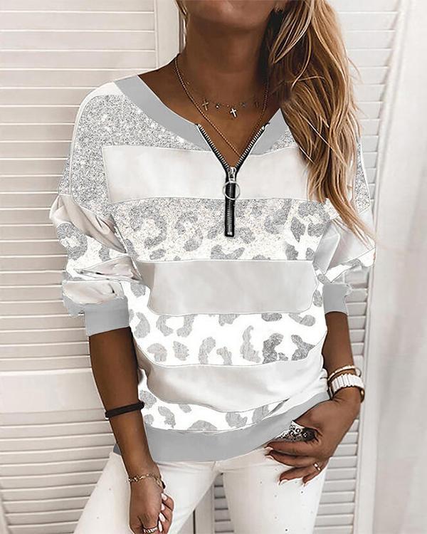 Leopard Print Striped V-Neck Long Sleeves Sweatshirt