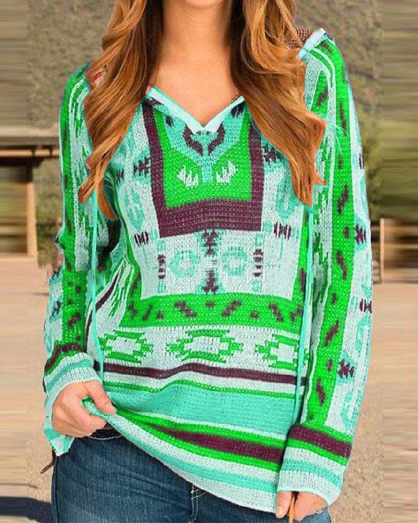 Women Print Round Neck Long Sleeves Hoodies Tops