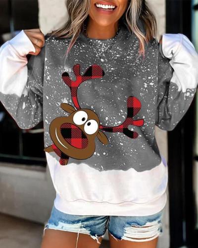 Animal Print Grid Round Neck Long Sleeves Christmas Sweatshirt