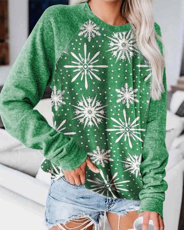 Christmas Snowflake Print Green Tops