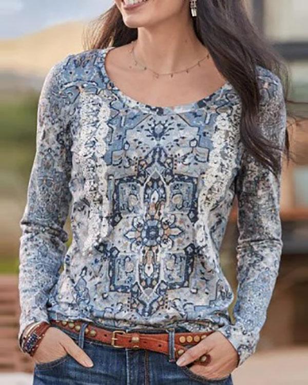 Print Round Neck Long Sleeves Vintage Blouses